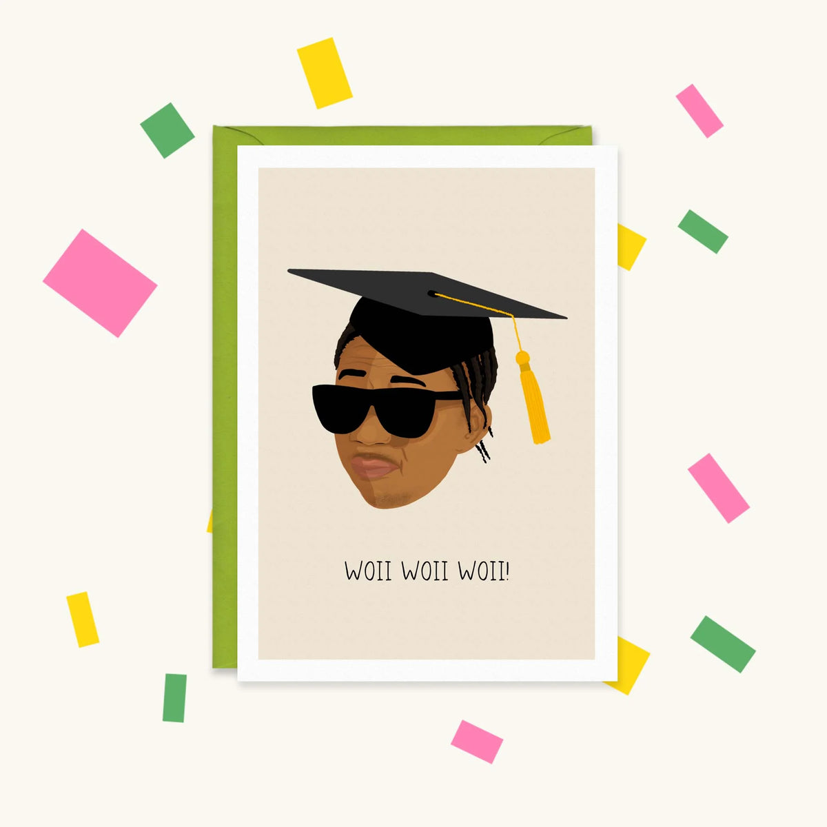 Greeting card of Digga D in sunglasses and a graduation cap with the text "WOII WOII WOII!"