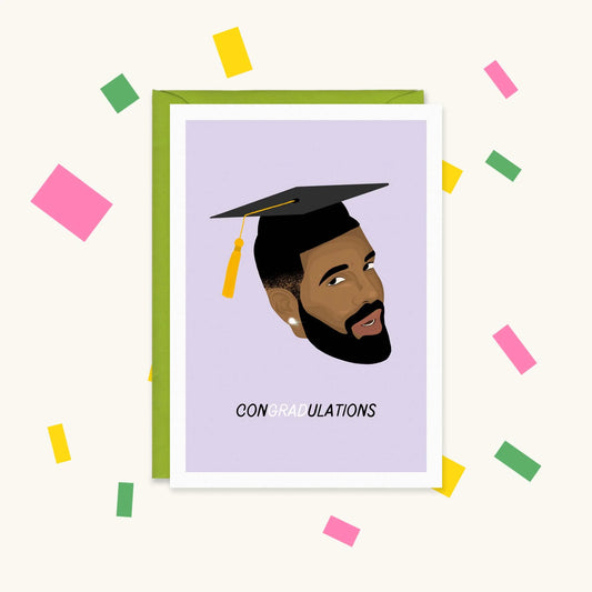 Greeting card with an illustration of Drake wearing a graduation cap on lilac, with the text "CONGRADULATIONS"