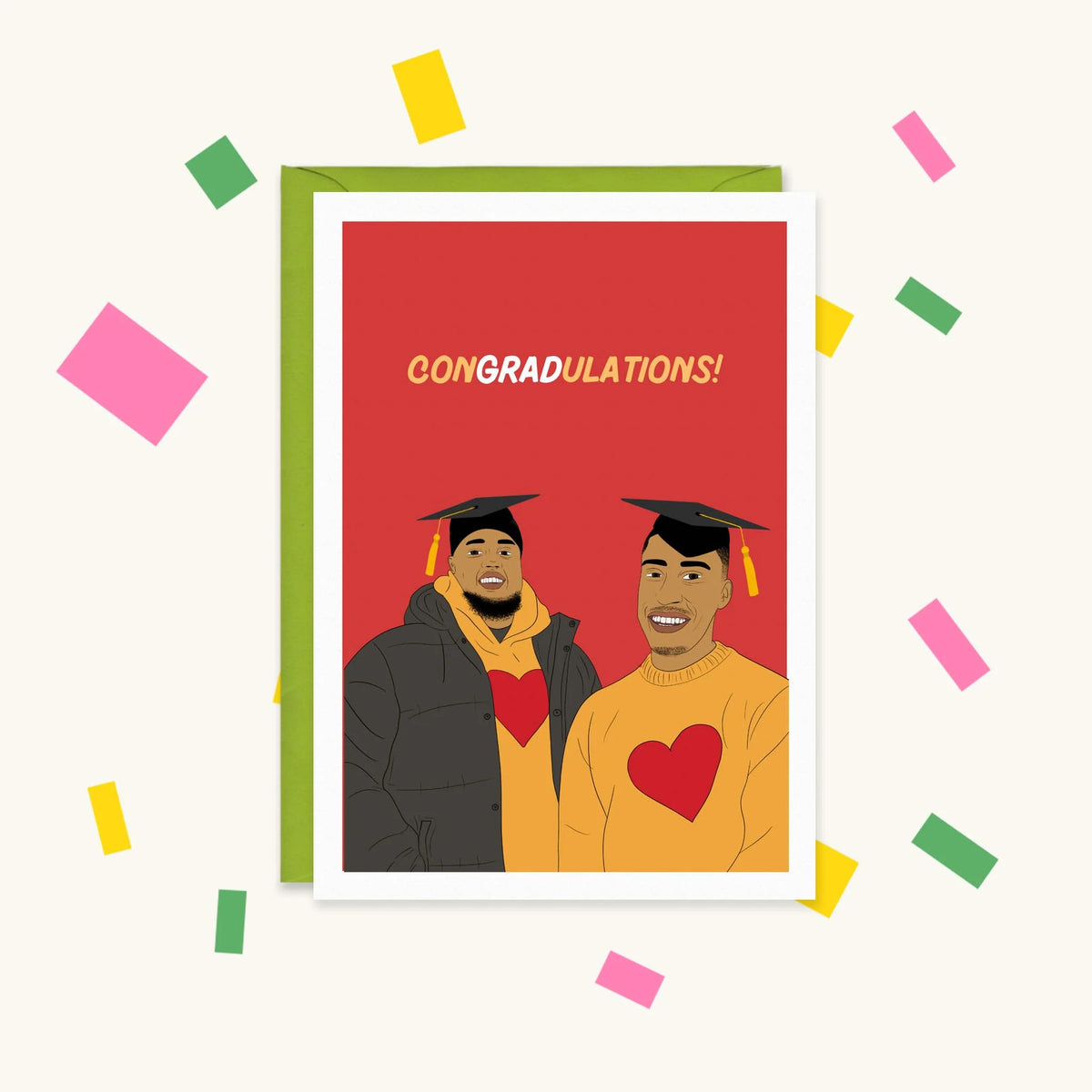 Greeting card of Chunkz and Yung Filly in graduation caps and heart jumpers on red, reading "CONGRADULATIONS!"