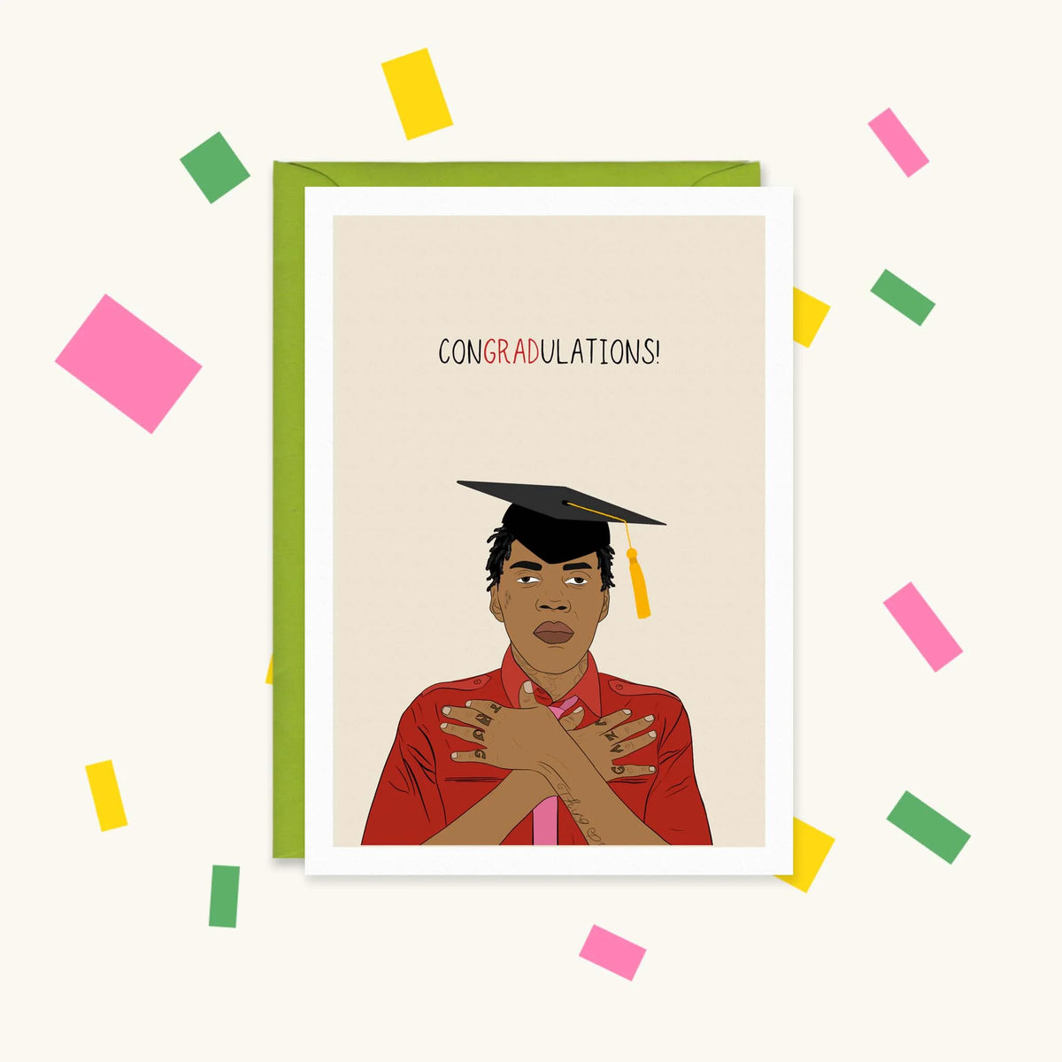 Greeting card of Vybz Kartel in a mortarboard with crossed arms showing Gaza tattoos, reading "CONGRADULATIONS!"