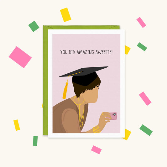 Greeting card of Kris Jenner in a graduation cap filming on a pink phone, reading "You did amazing sweetie!"