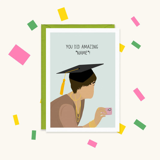 Greeting card of Kris Jenner in a graduation cap filming on a pink phone, text "You did amazing *name*!"