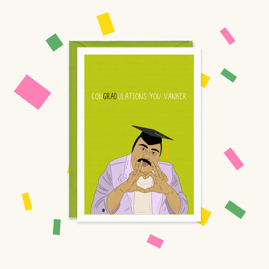 Greeting card of Chabuddy G in a graduation cap making heart hands, text "CONGRADULATIONS YOU VANKER"