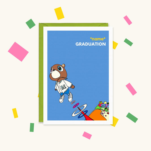 Greeting card of the Kanye West Dropout Bear launching into a blue sky, Graduation album style, reading "*name* GRADUATION"
