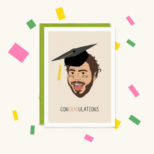 Greeting card of an illustrated Post Malone with face tattoos and tongue out wearing a mortarboard, "CONGRADULATIONS"