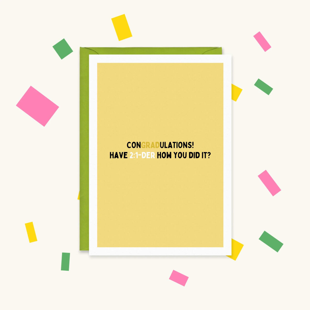 Greeting card with plain yellow background and bold text "CONGRADULATIONS! HAVE 2:1-DER HOW YOU DID IT?"