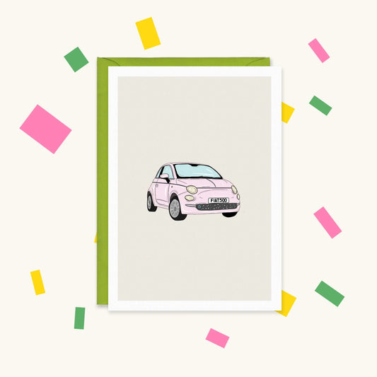 Greeting card with an illustration of a pastel pink Fiat 500 car with number plate reading "FIAT500"
