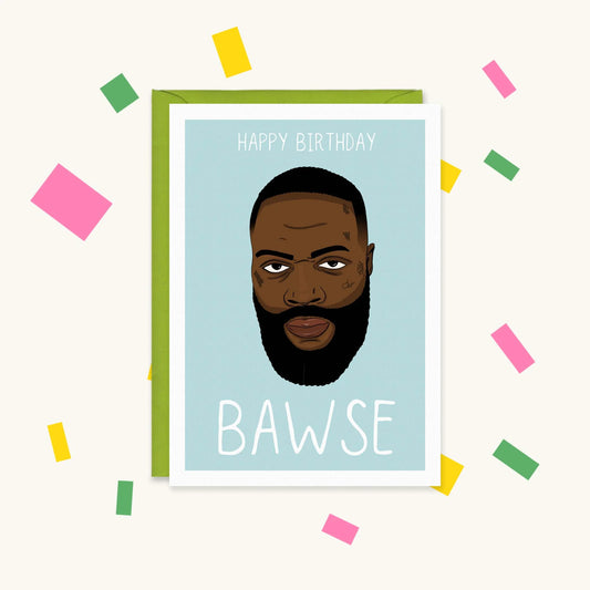 Greeting card with an illustration of rapper Rick Ross's bearded face on pale blue, reading "Happy Birthday Bawse"