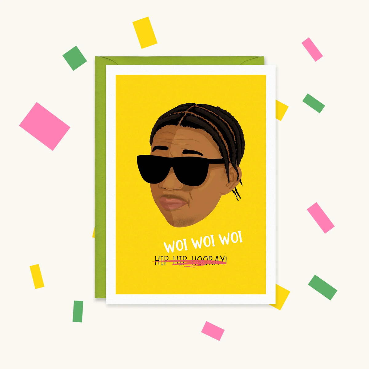 Greeting card of rapper Digga D in sunglasses and cornrows on yellow, reading "Woi Woi Woi" with "Hip Hip Hooray!" crossed out
