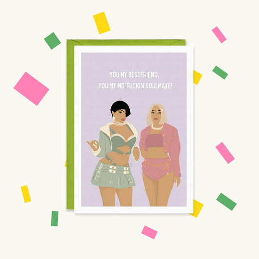 Greeting card of Saweetie and Doja Cat in matching outfits on lilac, text "You my bestfriend, you my mo'fuckin soulmate!"