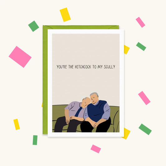 Greeting card of Hitchcock and Scully from Brooklyn Nine-Nine asleep on a green sofa: "You're the Hitchcock to my Scully"