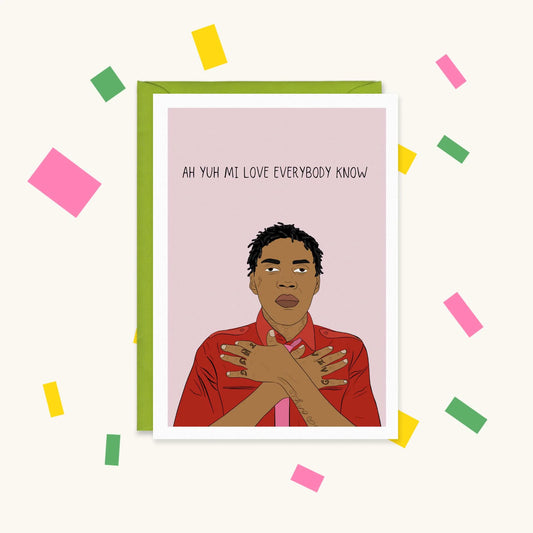 Greeting card of Vybz Kartel in a red shirt with hands crossed on chest, text 'Ah yuh mi love everybody know'
