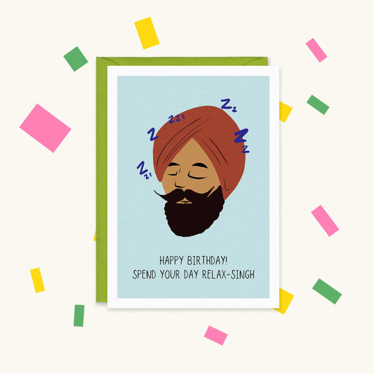 Greeting card of a sleeping Sikh man in a turban with a beard, text 'Spend your day relax-Singh'