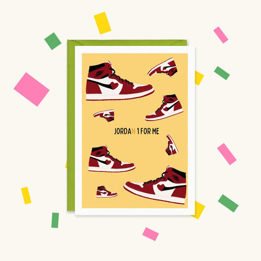 Greeting card with red and white Air Jordan 1 trainers with heart swooshes on yellow, reading "Jordan 1 for me"