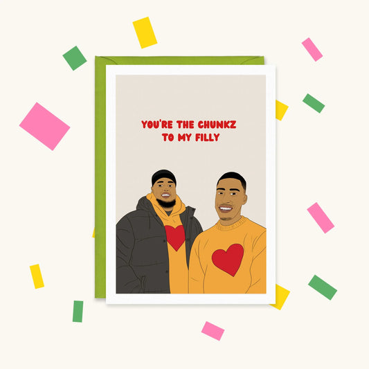 Greeting card of YouTubers Chunkz and Filly smiling in orange heart jumpers, text "You're the Chunkz to my Filly"