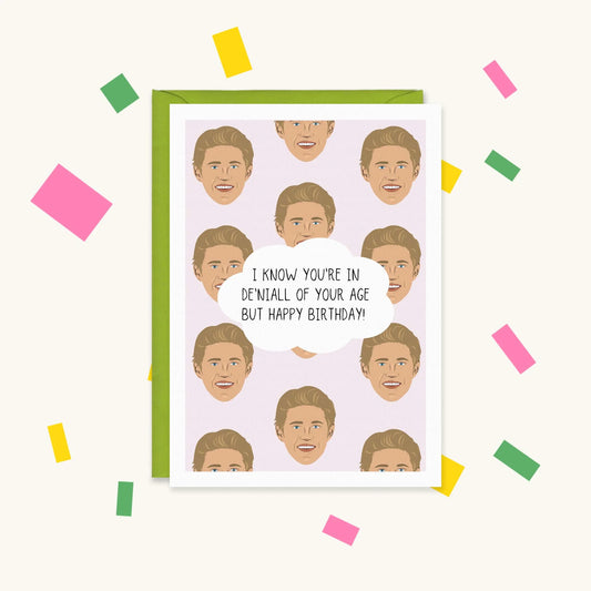 Greeting card with a pattern of Niall Horan faces on lilac and a cloud reading "I know you're in De'Niall of your age"