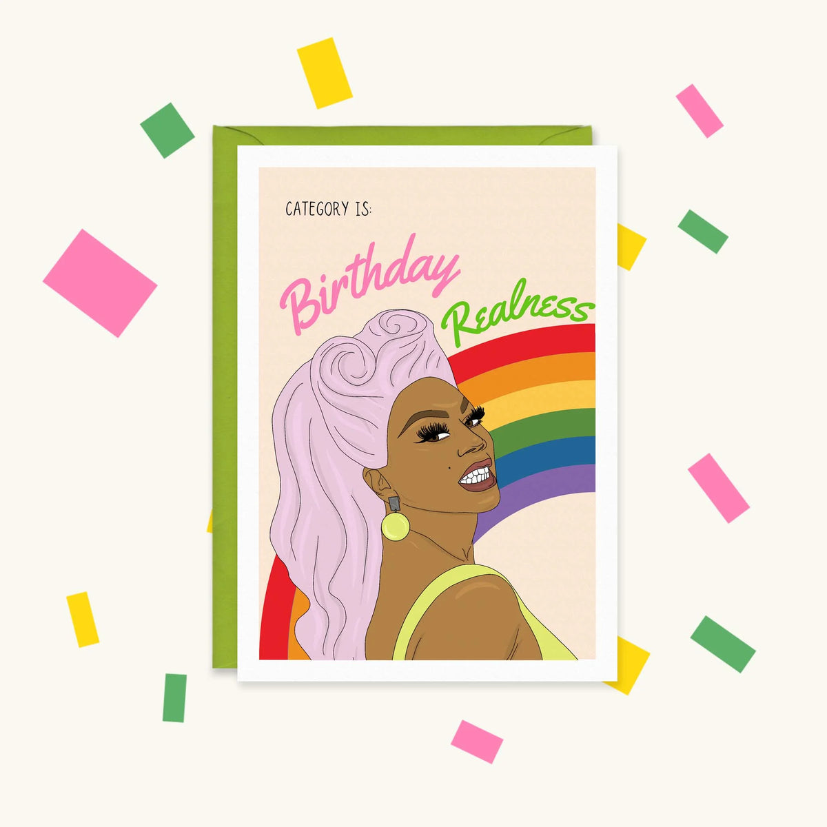Greeting card of a drag queen with pink hair before a rainbow, reading 'Category is: Birthday Realness'