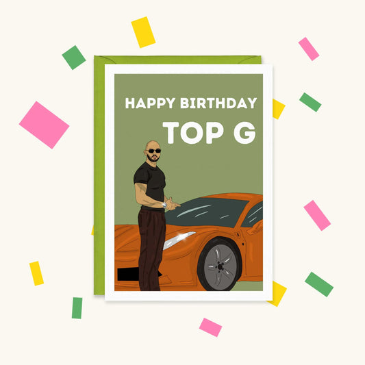 Greeting card of a bald man in sunglasses and black T-shirt beside an orange supercar, text 'Happy Birthday Top G'