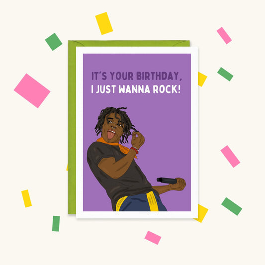 Greeting card of Lil Uzi Vert dancing with a mic on purple, reading "It's your birthday, I just wanna rock!"