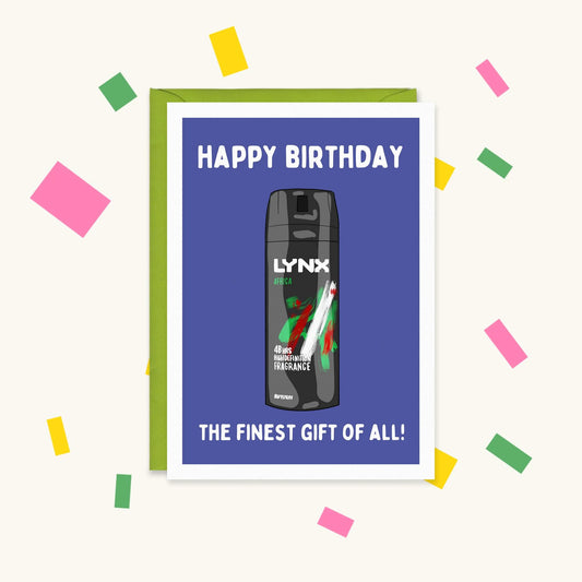 Greeting card with a Lynx Africa body spray can on blue, text "Happy Birthday" and "The finest gift of all!"