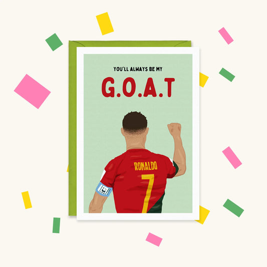 Greeting card of Ronaldo from behind in a red Portugal number 7 shirt, fist raised, reading "You'll always be my G.O.A.T"