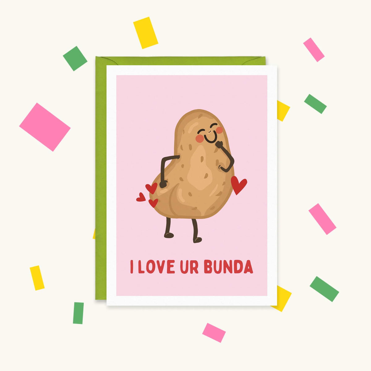 Greeting card with a blushing cartoon potato showing off its peachy bum among red hearts, text "I love ur bunda"