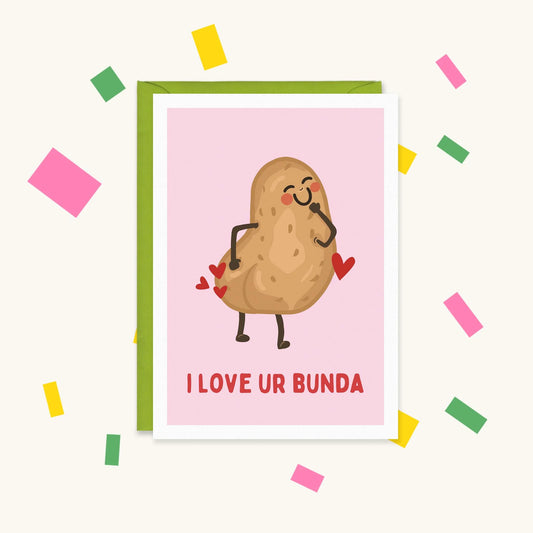 Greeting card with a blushing cartoon potato showing off its peachy bum among red hearts, text "I love ur bunda"