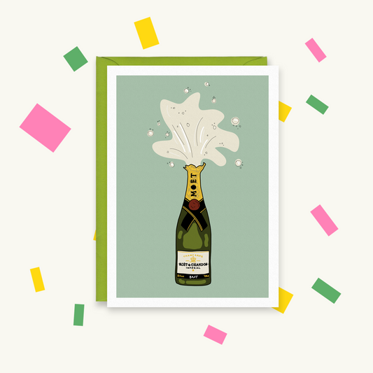 Greeting card with an illustrated Moët & Chandon champagne bottle popping and spraying bubbly on a sage green background