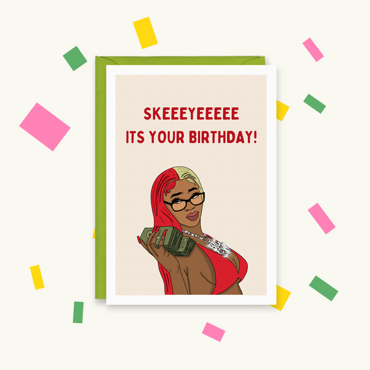 Greeting card of rapper Sexyy Red in a red bikini holding a stack of cash, reading "Skeeeyeeeee its your birthday!"