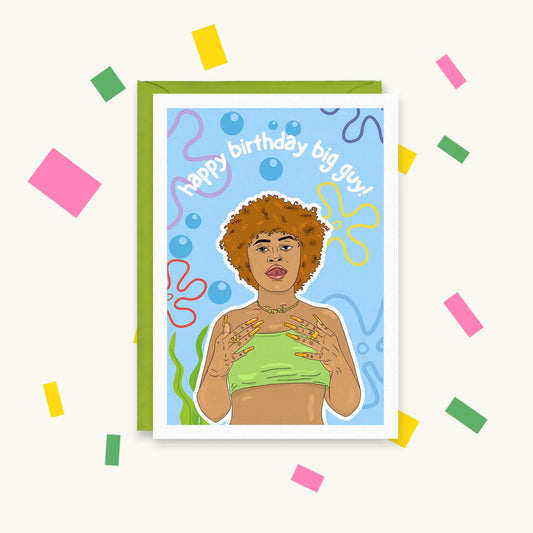 Greeting card of Ice Spice with long orange nails on a SpongeBob-style underwater background, 'happy birthday big guy!'