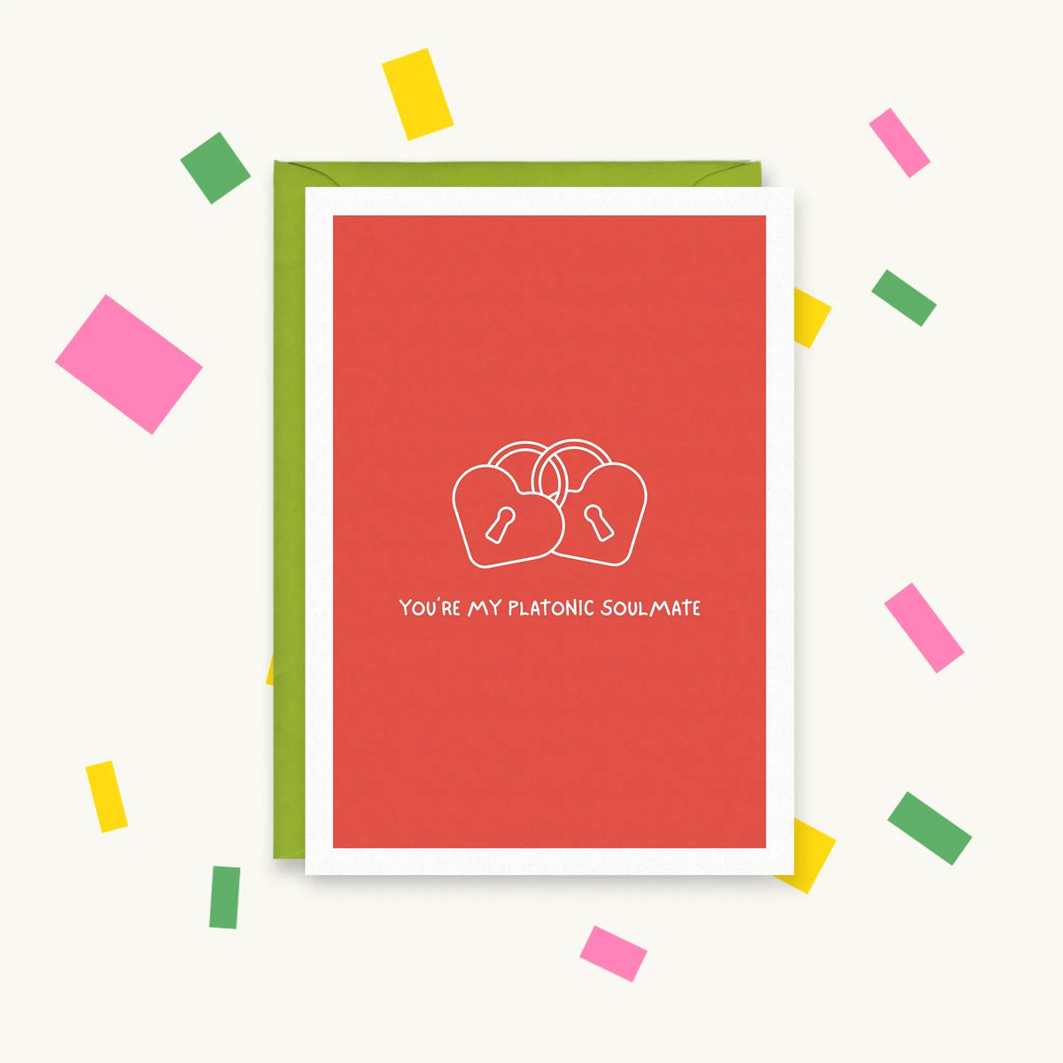 Greeting card with two interlocked heart-shaped padlocks on red and the text "You're my platonic soulmate"
