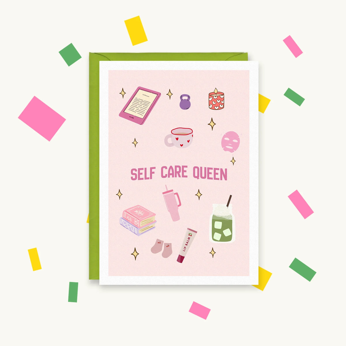 Greeting card with pink self-care items: Kindle, candle, face mask, matcha, Stanley cup, lip balm, books; text 'Self Care Queen'