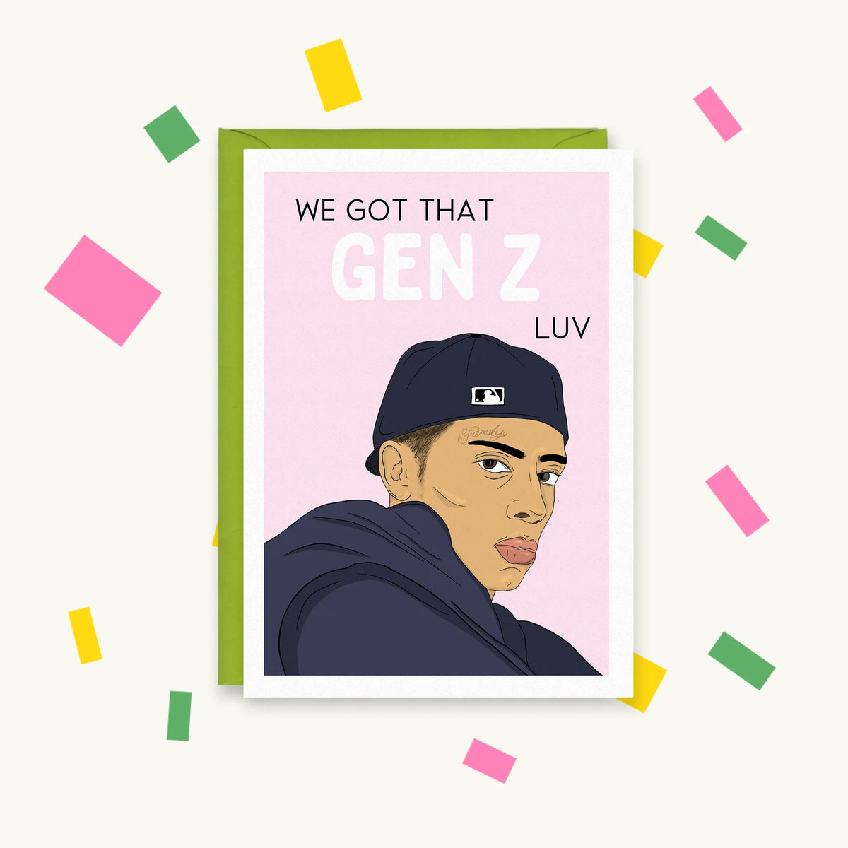 Greeting card with an illustration of Central Cee in a navy cap and hoodie on pink, reading "We got that Gen Z luv"