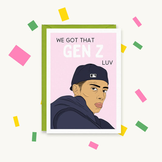 Greeting card with an illustration of Central Cee in a navy cap and hoodie on pink, reading "We got that Gen Z luv"