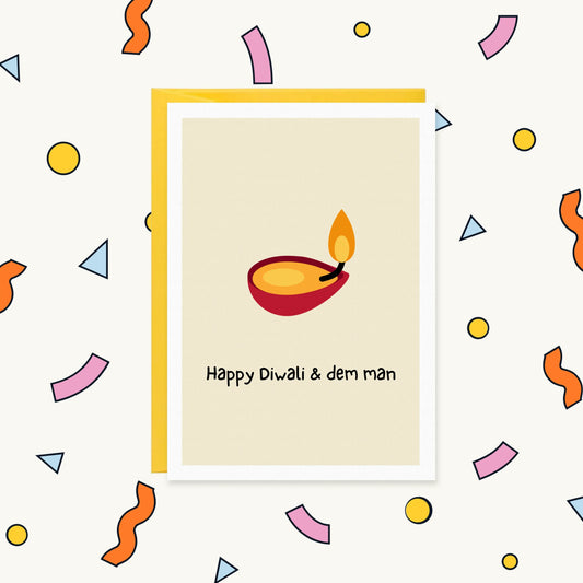 Greeting card with a red and orange lit diya lamp on a cream background, reading "Happy Diwali & dem man"