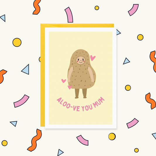 Greeting card of a smiling person in a potato costume with pink hearts, reading "Aloo-ve you mum"