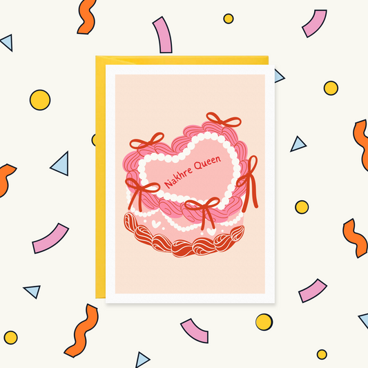 Greeting card with a pink heart-shaped vintage cake decorated with pearls and red bows, reading "Nakhre Queen"