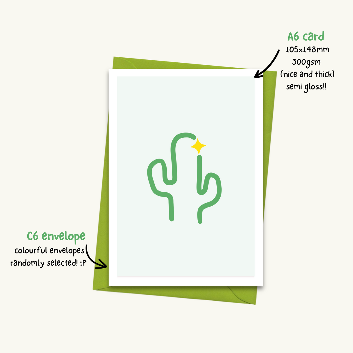 Happy Cacti card details: A6 card, 105 x 148mm, thick 300gsm semi-gloss, with a colourful C6 envelope