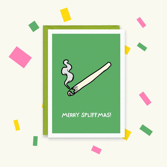 Greeting card with a smoking spliff on a green background and the words "Merry Spliffmas!"