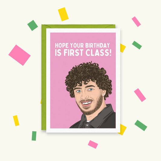 Greeting card with illustration of Jack Harlow smiling on pink, reading "Hope your birthday is first class!"