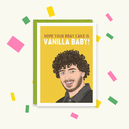 Greeting card with an illustration of Jack Harlow smiling on yellow, text "Hope your bday cake is vanilla baby!"