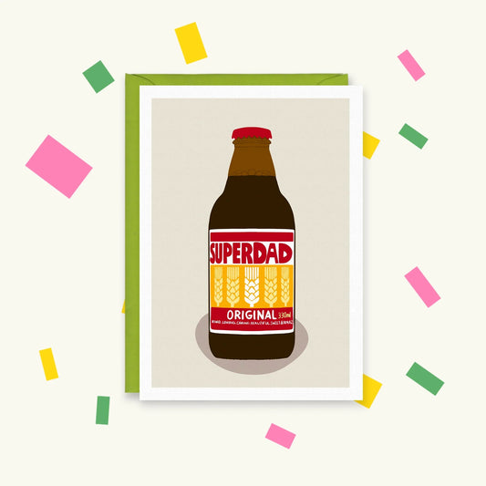 Greeting card of a brown malt drink bottle with a red and yellow label reading "SUPERDAD Original"