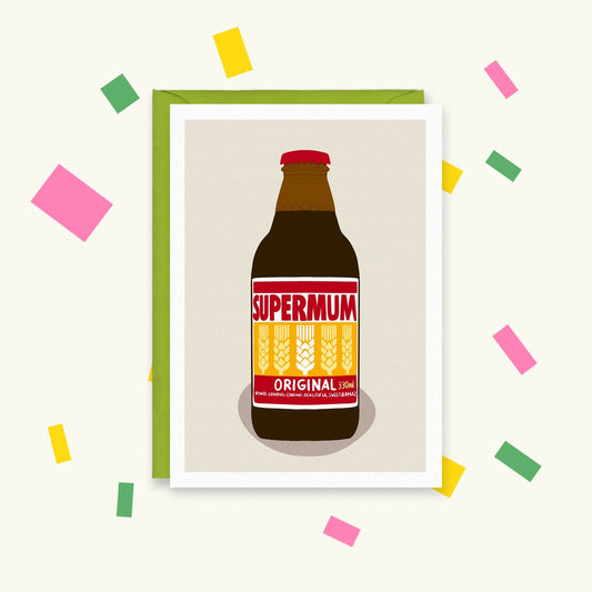 Greeting card of a Supermalt-style malt drink bottle with a red and yellow label reading "SUPERMUM Original"