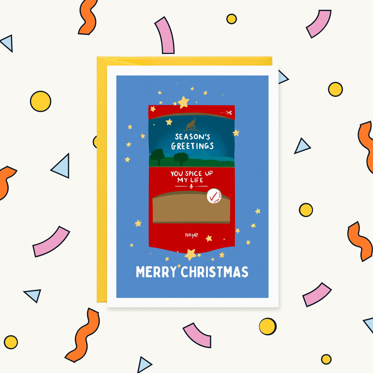 Greeting card of a red desi spice packet with gold stars, reading "You spice up my life" and "Merry Christmas"