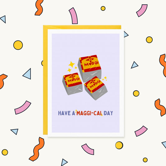 Greeting card with three sparkling Maggi stock cubes on lilac, reading "Have a Maggi-cal day"