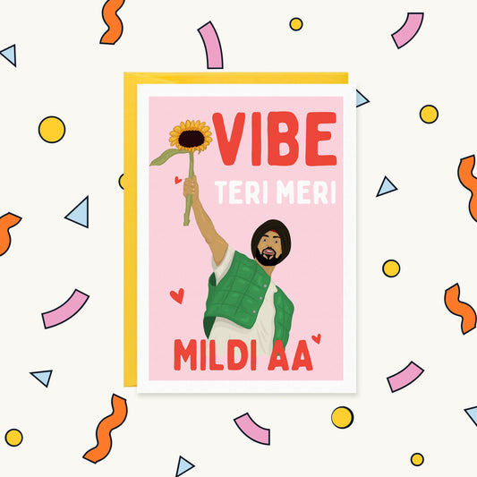 Greeting card of Diljit Dosanjh in a turban holding up a sunflower on pink with hearts, reading "Vibe teri meri mildi aa"