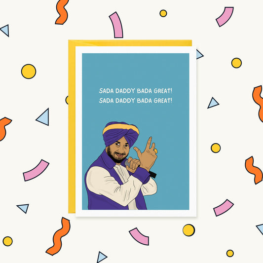 Greeting card of a Punjabi singer in a purple turban holding a mic, with text 'Sada Daddy Bada Great!'