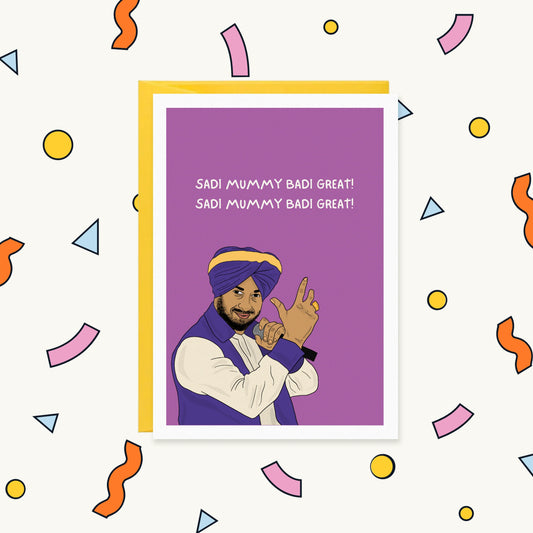 Greeting card of a turbaned Punjabi singer with a microphone on purple, text 'Sadi Mummy Badi Great!'