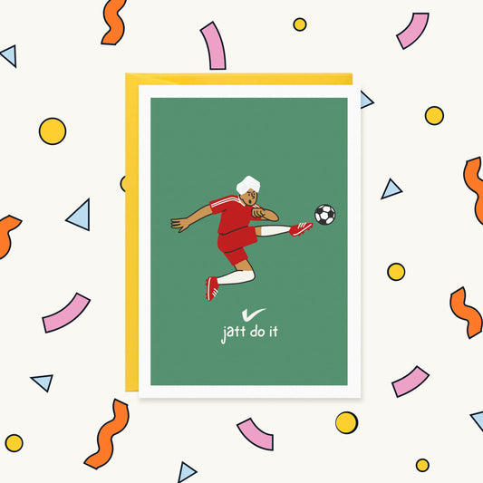 Greeting card of a turbaned Sikh footballer in red kit volleying a ball, with a tick logo and "jatt do it"