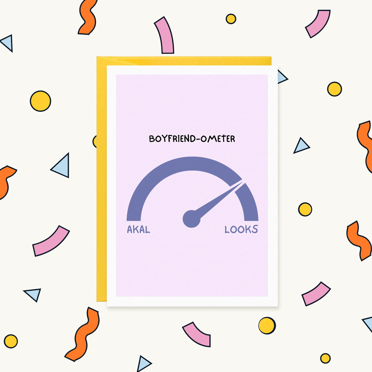 Greeting card with a gauge reading 'Boyfriend-ometer', needle pointing far from 'Akal' towards 'Looks'